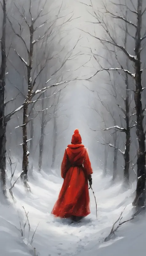 snow landscape，Back shadow，（The girl who left turned her back to the audience:1.1），中景 the scene is，独奏，cabelos preto e longos，Wear a red cotton coat，Black boots，Go into the distance，Heavy snowfall，Roads to distant places，Trees wither in winter，blanketed in ...