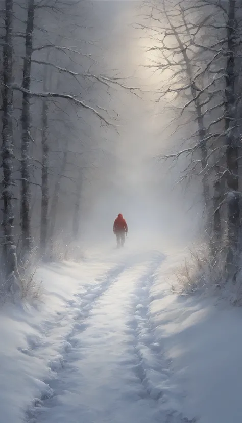 snow landscape，Back shadow，（The girl who left turned her back to the audience:1.1），中景 the scene is，独奏，cabelos preto e longos，Wear a red cotton coat，Black boots，Go into the distance，Heavy snowfall，Roads to distant places，Trees wither in winter，blanketed in ...