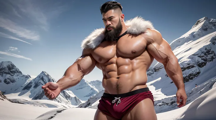 A Chinese bodybuilder，Wearing fur，the super hot and sexy，Blonde hair, short detailed hair, on a snowy mountain，Sunset lights, Short beard perfect figure with tattoos, Very huge and strong body, Bulging muscles, musculous, Very large pectoral muscles，Very s...