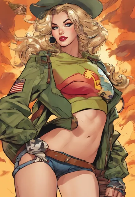 1 girl as an old school pinup riding a bomb as it plummets to earth,  sexy body that is fit with large breasts in a army camo crop top and army green short shorts,  with a sexy smile on her face,  beautiful eyes and a dyanmic pose like a bullrider as the r...