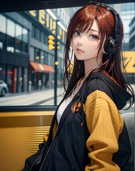 (masuter piece、side lights、ultra-detailliert、inely detailed beautiful eyes: 1.2)、1girl in、bags、buliding、from side、headphones、hoods、hood down、hooded jacket、parka、jaket、Long、orange color hair、redhair、独奏、train、inside of a car、The upper part of the body、​maste...