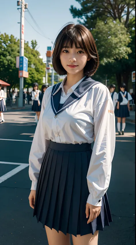 1girl,japanese,16years old,shy,in the amusement park,(((japanese high school uniform))),huge breasts,brown hair,light smile,blunt bangs,portrait,short hair, Surrealism, Surrealism, Fujicolor, 8k, super detail, UHD, masterpiece, textured skin, super detail,...