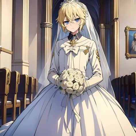 (Masterpiece), Best Quality, expressive eyes, a perfect face, 1boy, solo, blond hair, blue eyes, Without hair decoration, in the church, wedding, wedding dress, whitedress, veil, blusher, Bouquet in hand, Look at the viewer, Mikaela, Mikaela Hyakuya