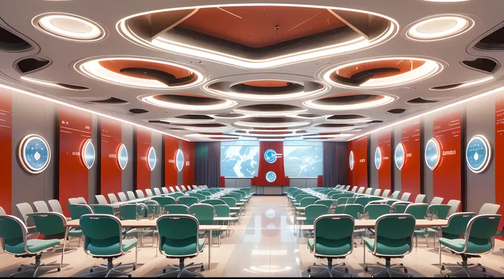 Futuristic meeting room decorated with UN flag and emblem, red flags, Space style, Space age, Sci-fi, meeting room，round tables