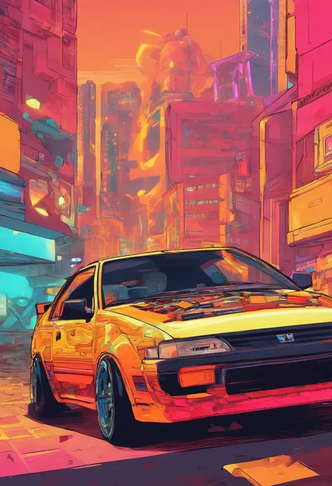 Vista de cima para baixo de uma obra de arte vintage do honda civic modelo 2005, estilo anime nos anos 90, arte detalhada do anime, Arte de anime vintage dos anos 90, Detailed representation of the traditional anime shading Honda Civic model 2005, Art with...