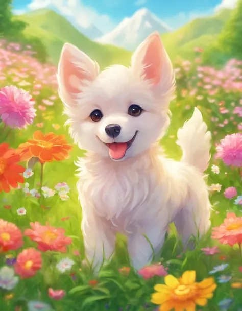 (best quality,highres),vibrant colors,playful dog,fluffy fur,inquisitive eyes,green grass,shimmering sunlight,gentle breeze,blissful atmosphere,natural beauty,peaceful surroundings,serene expression,curled tail,dainty paws,adorable dog,relaxed posture,enjo...