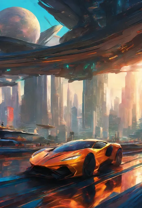 a sprawling futuristic cityscape, bustling with life and energy, set against a backdrop of gleaming skyscrapers that reach towards the heavens, futuristic transportation systems, such as hovering vehicles or high-speed trains, city is a harmonious blend of...