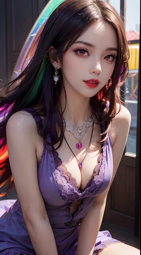 A beautiful and sexy 20 year old girl, wearing a super thin red dress, ((long hair dyed rainbow colors:1.6)), bangs, the most detailed jewelry and beautiful hair, ((wears purple lace necklace:1.6) )), Super cute small face, very pretty face, thin eyebrows,...