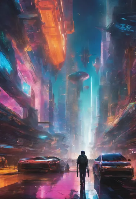 a sprawling futuristic cityscape, bustling with life and energy, set against a backdrop of gleaming skyscrapers that reach towards the heavens, futuristic transportation systems, such as hovering vehicles or high-speed trains, city is a harmonious blend of...