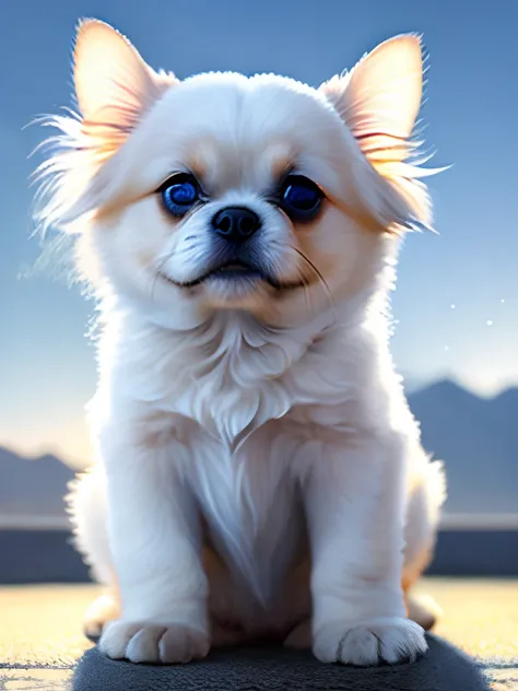 a white and caramel shitzu puppy playing with a gray cat with blue eyes and a black nose, very cute in the sky, soft volumetric lights (backlight: 1.3), (cinematic: 1.2), intricate details (ArtStation: 1.3), Rutkowski