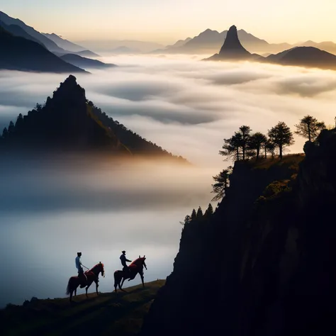 Two men on horseback on the cliff above the fog, misty mountains, Landscape wallpaper, amazing wallpapers, hd phone wallpaper, Chinese landscape, phone wallpaper hd, traveling through the mountains, scenery wallpaper, High quality wallpaper, the see horse ...