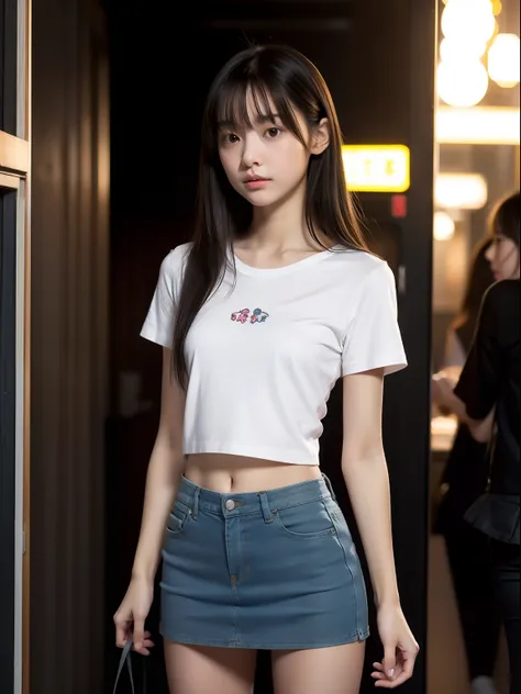 年轻，(a miniskirt)，tshirts，teens girl，Delicate body，petite body，Delicate body，small tits，tiny chest，Short，A dark-haired，Very Longhair，arcade，looking back