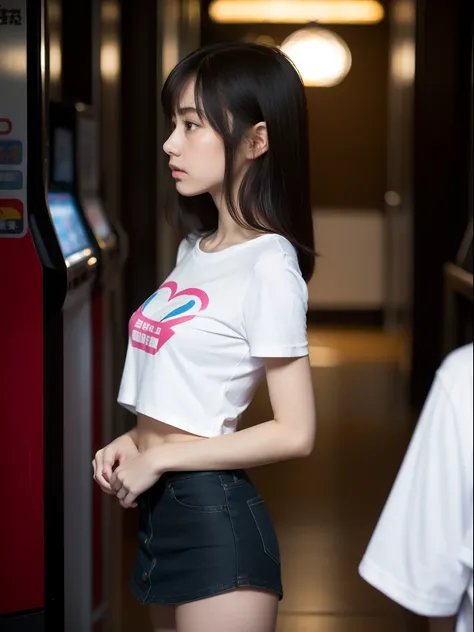 年轻，(a miniskirt)，tshirts，teens girl，Delicate body，petite body，Delicate body，small tits，tiny chest，Short，A dark-haired，Very Longhair，arcade，looking away