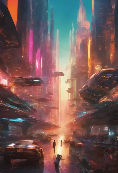 a sprawling futuristic cityscape, bustling with life and energy, set against a backdrop of gleaming skyscrapers that reach towards the heavens, futuristic transportation systems, such as hovering vehicles or high-speed trains, city is a harmonious blend of...