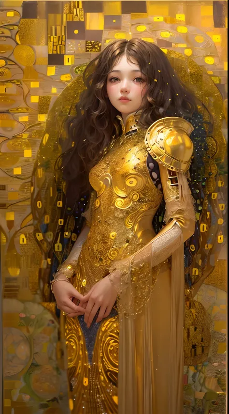 (a girl in intricate armor, Gustav Klimt-inspired, warm golden hues, alluring gaze, soft diffused lighting, romantic atmosphere, oil painting)