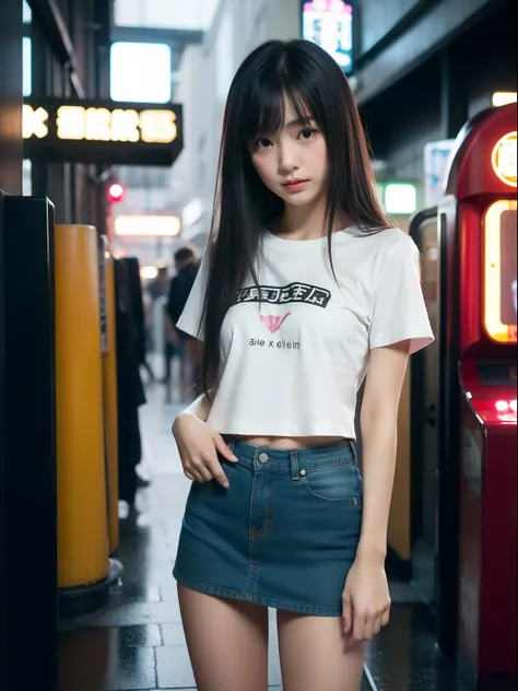 年轻，(a miniskirt)，tshirts，teens girl，Delicate body，petite body，Delicate body，small tits，tiny chest，Short，A dark-haired，Very Longhair，arcade，Very heavy rain