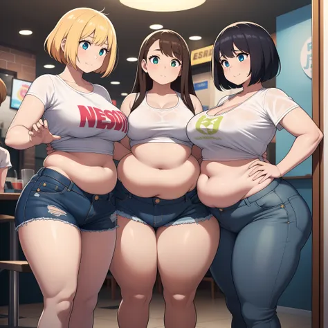 ((highres)), Masterpiece, high quality, best quality, beautiful, perfect lighting, detailed face, ultra cute face, (((3girls))), one girl has blonde hair, blue eyes, crop top and shorts skindentation, one girl has brown hair, green eyes, jeans, white shirt...