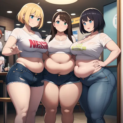 ((highres)), Masterpiece, high quality, best quality, beautiful, perfect lighting, detailed face, ultra cute face, (((3girls))), one girl has blonde hair, blue eyes, crop top and shorts skindentation, one girl has brown hair, green eyes, jeans, white shirt...