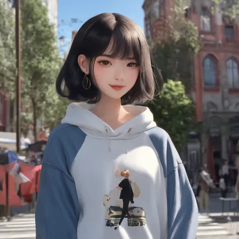 bobo head，Long black sweatshirt，denim short，White sneakers，Anime shoujo，On the street，Bright sunshine