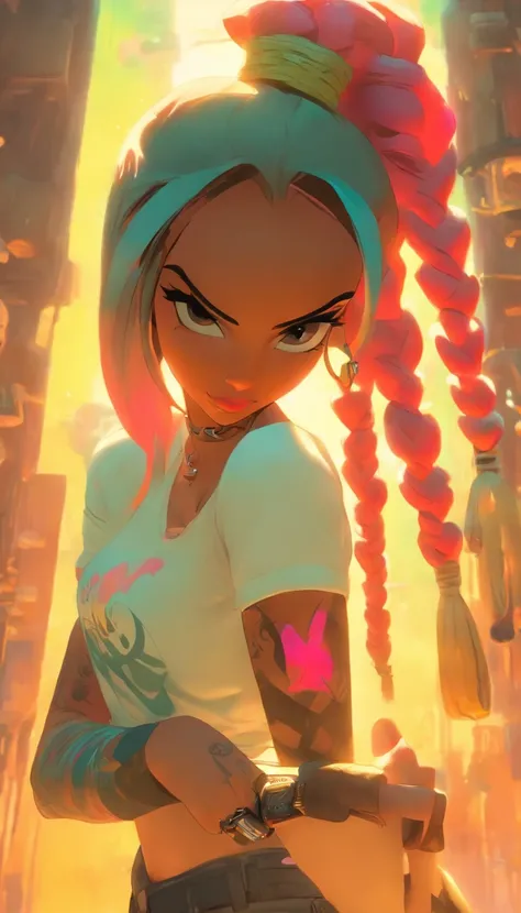 Ultra-detailed portrait of ShoalBeats 1girl in leggings, a sports bra, an off-shoulder jacket, braids and a hairband, in the gym with a cowboy shot pose, pink hair, symbol-shaped eyes, sweat and wet skin, with a water bottle, by Makoto Shinkai, Katsuhiro O...