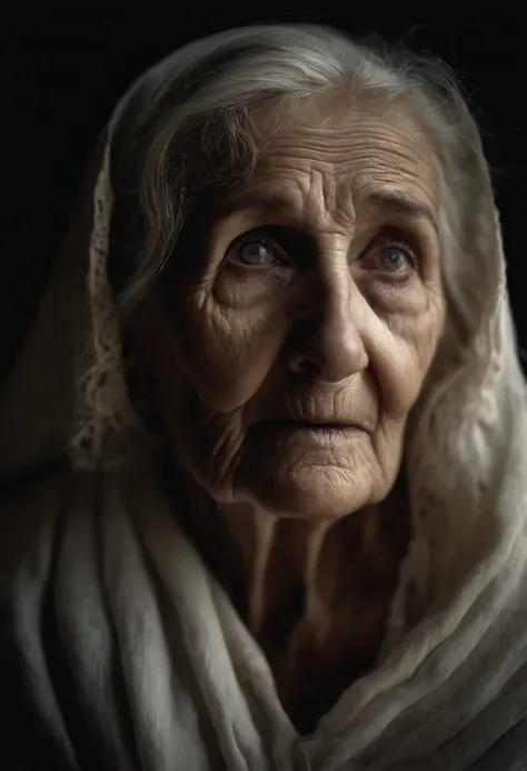 elderly woman, withered, eyes all white, dark and old torn clothes, dry skin, detailed, eyes forward, horror film, all dark background, battered, realistic, 8k