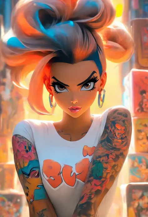 mullate girl anime: brosmind, high definition, rossdraws, boris vallejo, large format, arafed woman with tattoos and piercings posing in a white shirt, bombshell, gorgeous female, cardi b, clothed in white shirt, fully tattooed body, gorgeous woman, offici...