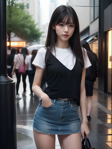 年轻，(a miniskirt)，tshirts，teens girl，Delicate body，petite body，Delicate body，small tits，tiny chest，Short，A dark-haired，Very Longhair，arcade，Very heavy rain