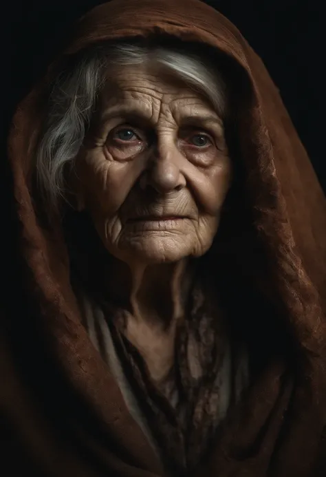 elderly woman, withered, blind in both eyes, torn clothes, dry skin, detailed, eyes forward, horror film, all dark background, battered, realistic, 8k