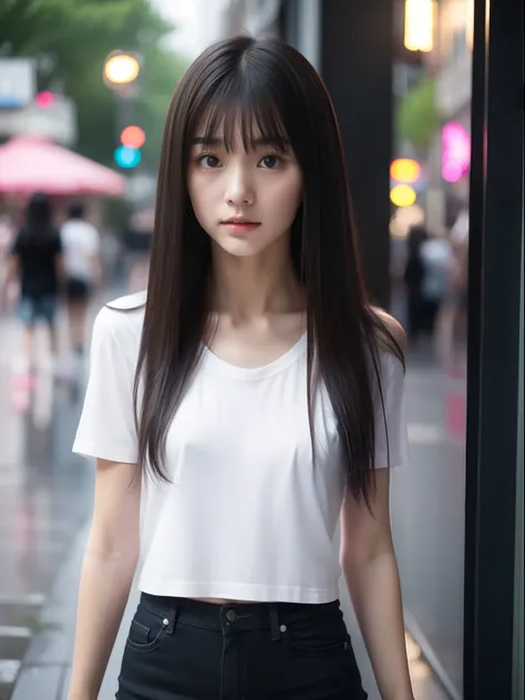 年轻，(a miniskirt)，tshirts，teens girl，Delicate body，petite body，Delicate body，small tits，tiny chest，Short，A dark-haired，Very Longhair，arcade，Very heavy rain