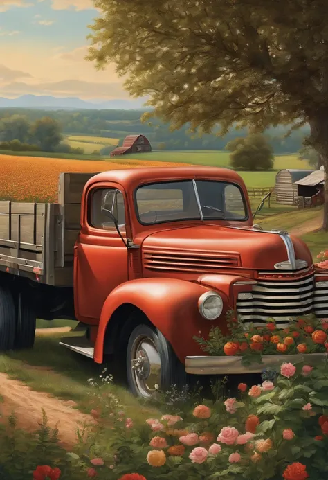 a truck parked in front of a window with a farm scene, highly detailed illustration, detailed intricate illustration, scenery art detailed, intricate detailed illustration, high detailed illustration, highly detailed illustration.”, very detailed illustrat...