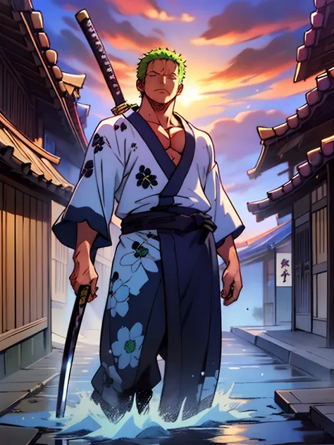 roronoa zoro (masterpiece, 4k resolution, ultra-realistic, very detailed), (theme of white samurai, charismatic, there is a swor...