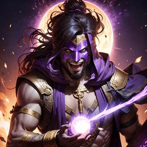 Ancient Greek man with a purple mask and magic explosion madness laughing, rpg, dark fantasy, purple lens, laughing wildly with a magic mask