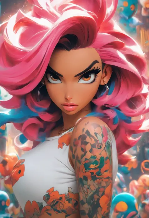 mullate girl anime: brosmind, high definition, rossdraws, boris vallejo, large format, arafed woman with tattoos and piercings posing in a white shirt, bombshell, gorgeous female, cardi b, clothed in white shirt, fully tattooed body, gorgeous woman, offici...