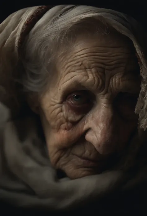 (best quality,4k,8k,highres,masterpiece:1.2),ultra-detailed,(realistic,photorealistic,photo-realistic:1.37),horror film,old woman,90 years old,withered,macabre face,torn clothes,dry skin,detailed,eyes forward,all dark background,battered,8k