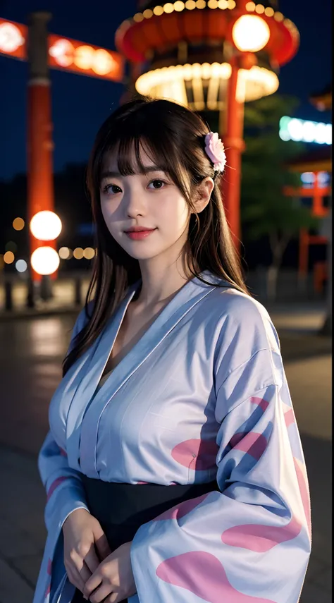 1girl,japanese,16years old,shy,night,full-moon,in the amusement park,(((Japanese kimono))),huge breasts,brown hair,flower headwear,light smile,blunt bangs,portrait,chignon, Surrealism, Surrealism, Fujicolor, 8k, super detail, UHD, masterpiece, textured ski...