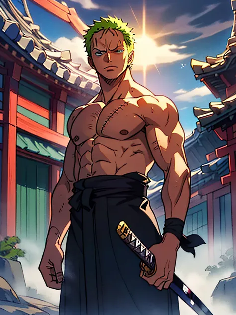 roronoa zoro (masterpiece, 4k resolution, ultra-realistic, very detailed), (theme of white samurai, charismatic, there is a swor...