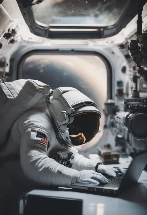 an astronaut using a notebook in space