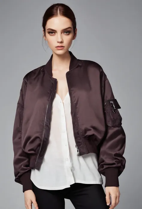 Woman in a very large bomber shirt in a modeling style