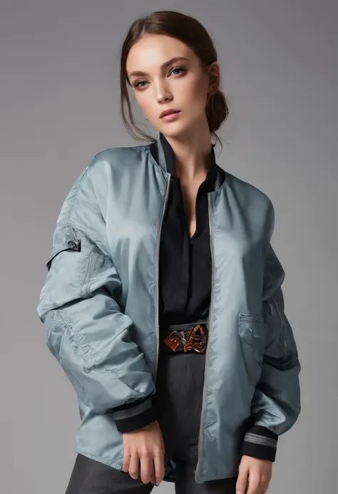 Woman in a very large bomber shirt in a modeling style