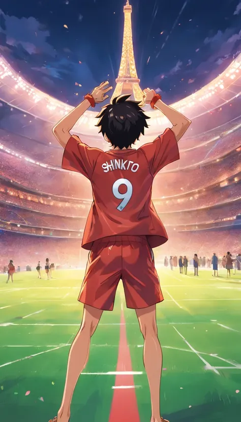 "《One Piece》Luffy wears a Paris Saint-Germain 9dek outfit, Stand in the stadium, facing camera, hand up，Smiles."