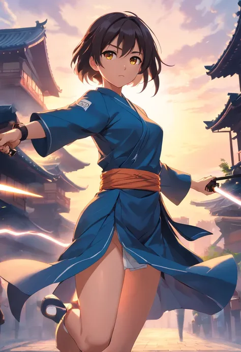 (masterpiece, best quality),
battōjutsuswing, (holding weapen:1.3),fighting stance,
1girl, battoujutsu stance, spread legs, samurai, iaidou, cowboy shot, looking at viewer,
break girl, japanese clothes, black hakama, black hair, high ponytail, long hair, y...