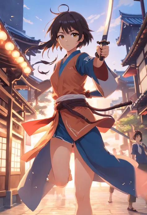 (masterpiece, best quality),
battōjutsuswing, (holding weapen:1.3),fighting stance,
1girl, battoujutsu stance, spread legs, samurai, iaidou, cowboy shot, looking at viewer,
break girl, japanese clothes, black hakama, black hair, high ponytail, long hair, y...