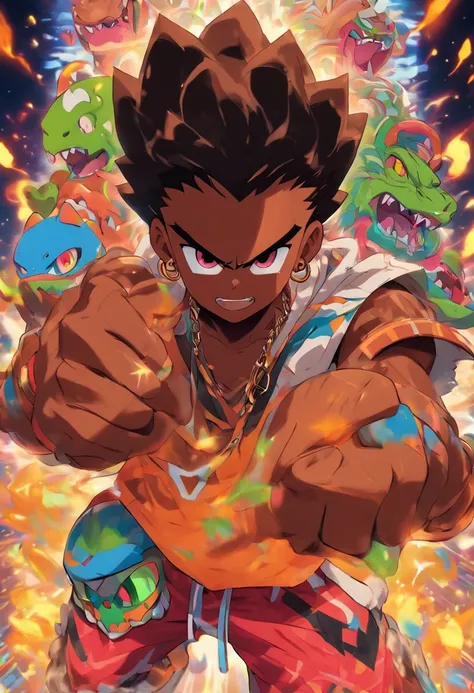 Monster Boy, Caramel Brown skin Black boy moor, Bald Hairstyle, Streetwear, Full Slime Body, colors neon, risa loca, malvada