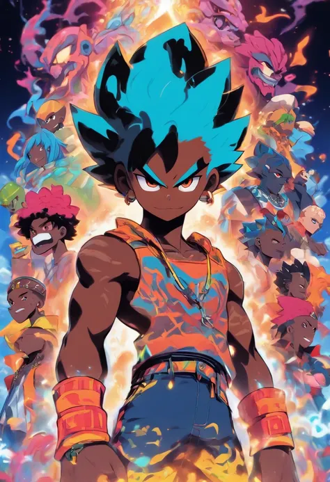 Monster Boy, Caramel Brown skin Black boy moor, Bald Hairstyle, Streetwear, Full Slime Body, colors neon, risa loca, malvada