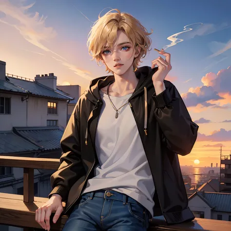 (Masterpiece), Best Quality, expressive eyes, a perfect face, 1 boy, boy, male, solo, blond hair, short hair, curly hair, blue eyes, on the roof, smoking, black hoodie, looking at the city, sunset on the background, twilight, jeans