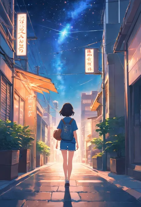 Behind a woman walking towards the city、Denim on white t-shirt、Casket、Starry sky、2 days and months、dreamlike landscape、From a distance、Landscape Main、Building Street、Near future、the wind、TOKYOcty