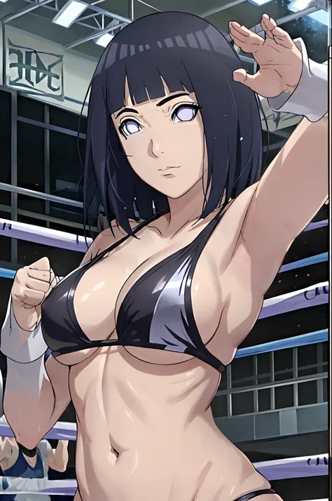 (ultra detailed body, ultra detailed face), solo, anime style, hires ((pro wrestling arena, pro wrestling match, crowd watching)), (hinata(boruto), (female wrestler), (slender body), mature woman, milf, (black bikini, ultra detailed pro wrestling gear), vi...