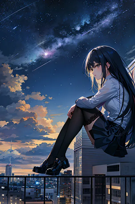 octans, sky, star (sky), scenery, starry sky, night, 1girl, night sky, solo, outdoors, building, cloud, milky way, sitting, tree, long hair, city, silhouette, cityscape