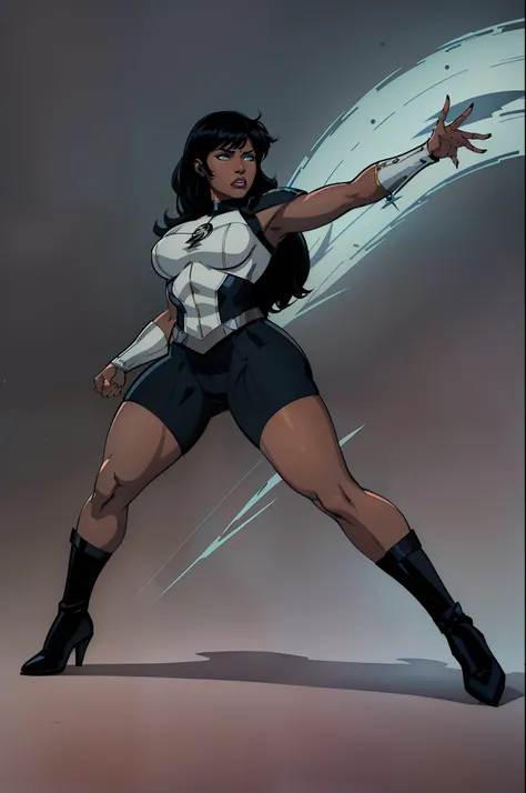 (masterpiece), (best quality), ((Nicki Minaj)), makeup, (brown skinned female), (thick thighs), ((small breasts:1:1)), hair with bangs, ((storm from x-men outfit)), ((grey background)), (full body) contoured