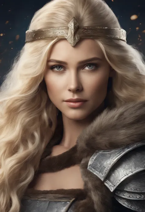 beautiful woman, viking warrior, fur cloak, armor, blonde hair, wavy hair, (closeup, portrait shot), (solo), realistic, depth of field